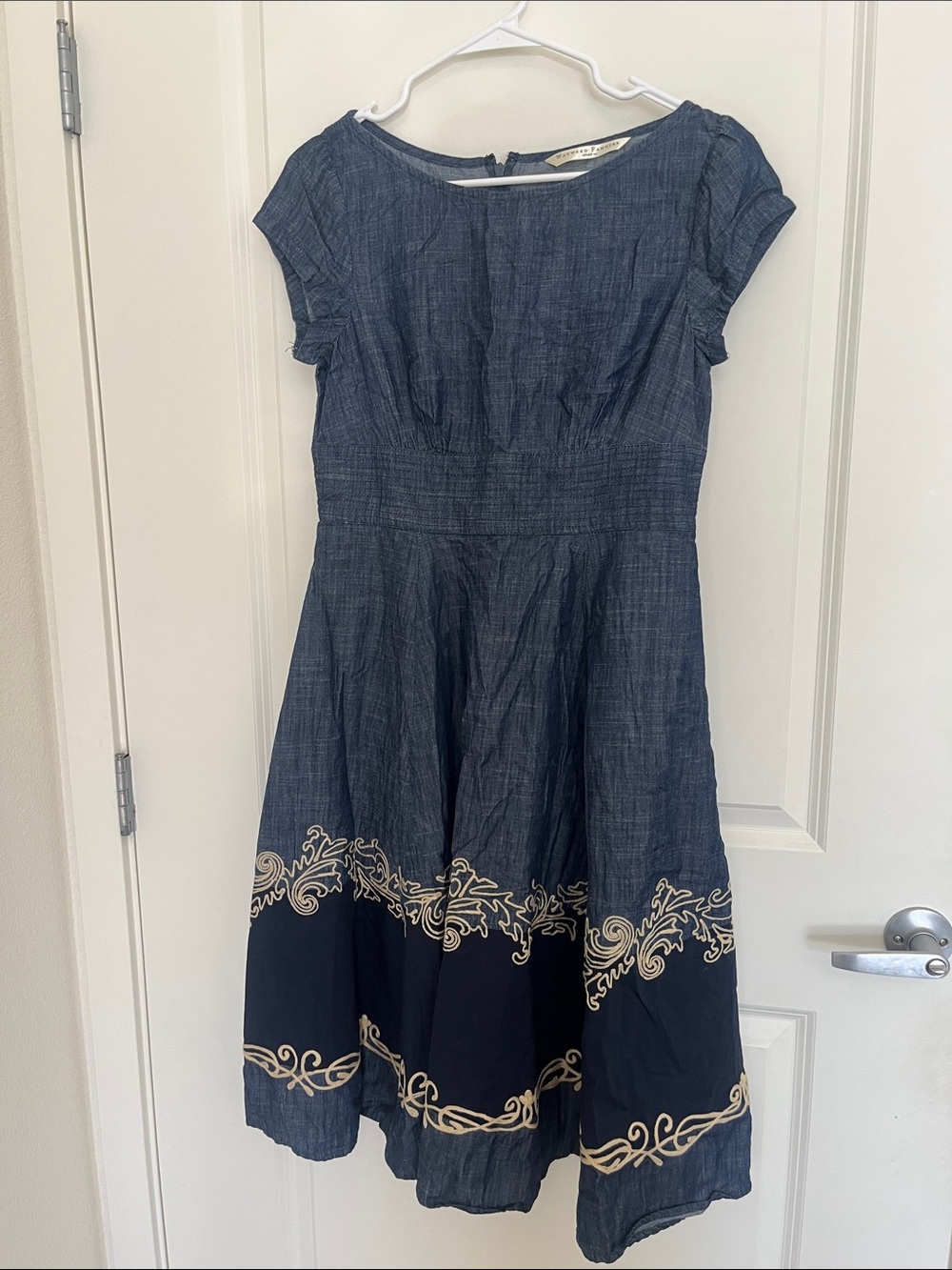 Blue Embroidered Midi Dress with Cream Border
